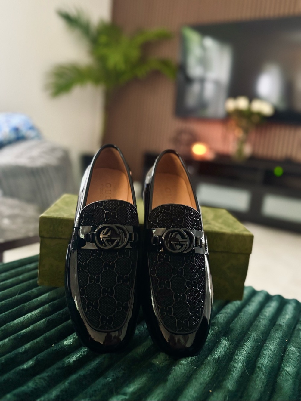 Gucci Black Patent Leather & Embossed GG Loafers - Picture 3 of 3